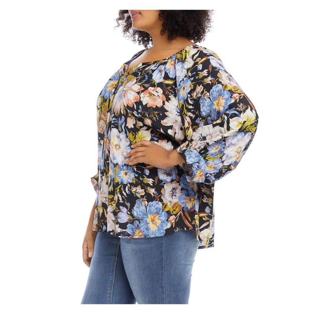 KAREN KANE Womens Black Floral Blouson Sleeve Split Peasant Top Plus 0X - Picture 3 of 3